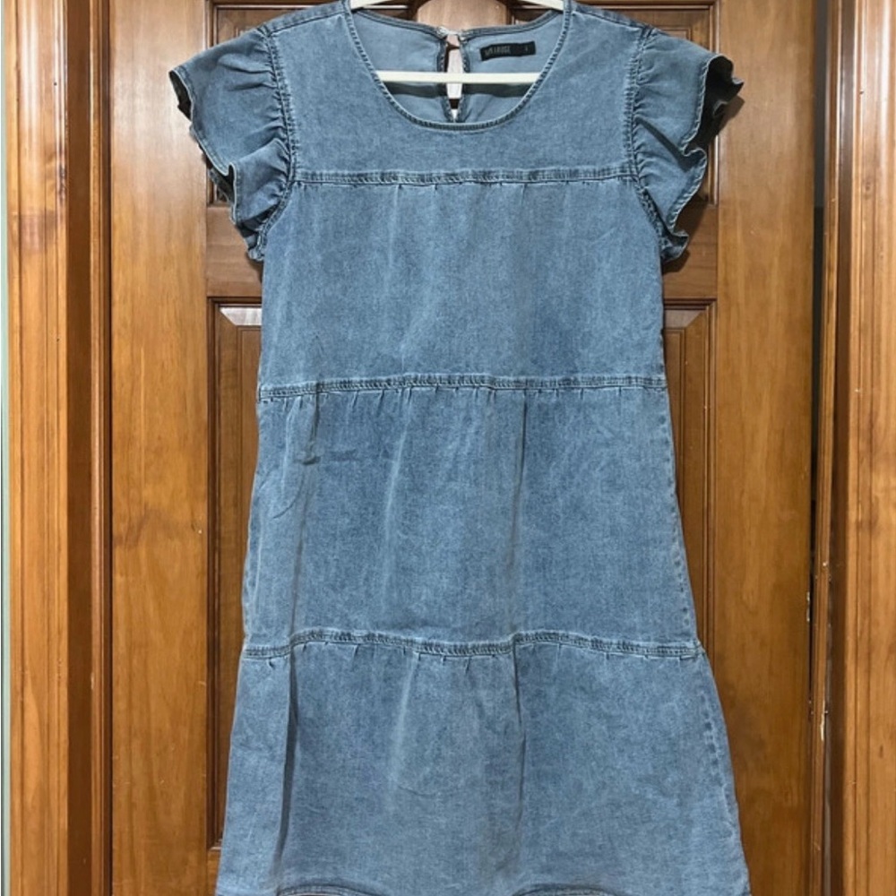 Mikarose Washed Blue Tiered Ruffle Sleeve Dress